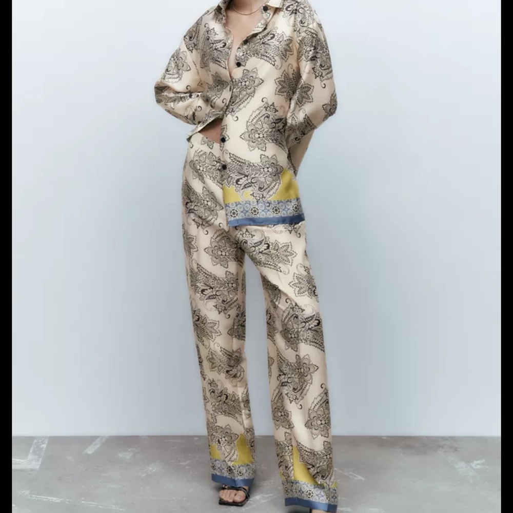 Zara Co-ord Outfit, Paisley Wide-Leg Trousers and Matching Blouse NWT
